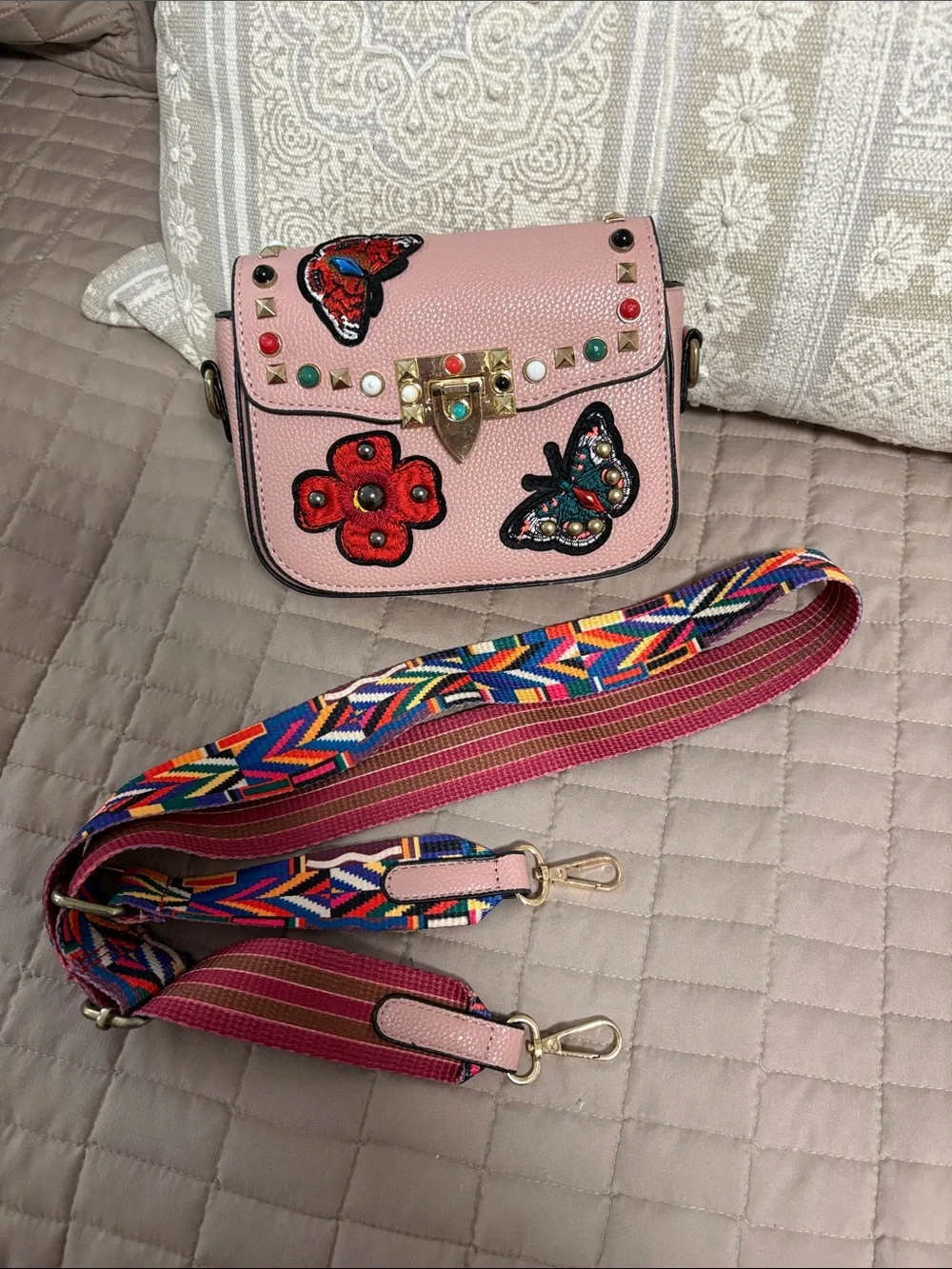 Pink Embellished Crossbody Bag with Floral & Butterfly Appliqué. Candy couture